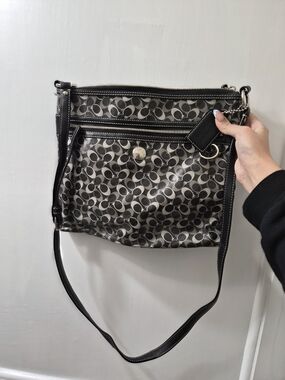 Coach Black and Gray Signature Crossbody with Leather Trim
